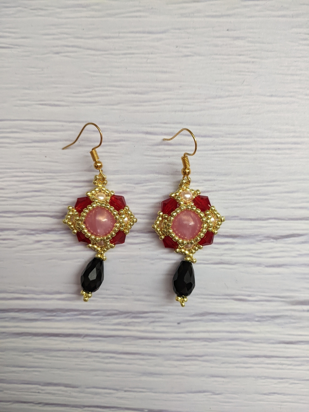 Gold-Tone Red, Pink & Black Beaded Dangle Earrings
